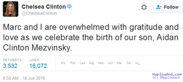 Chelsea Clinton & husband Marc Mezvinsky welcome a son, Aidan